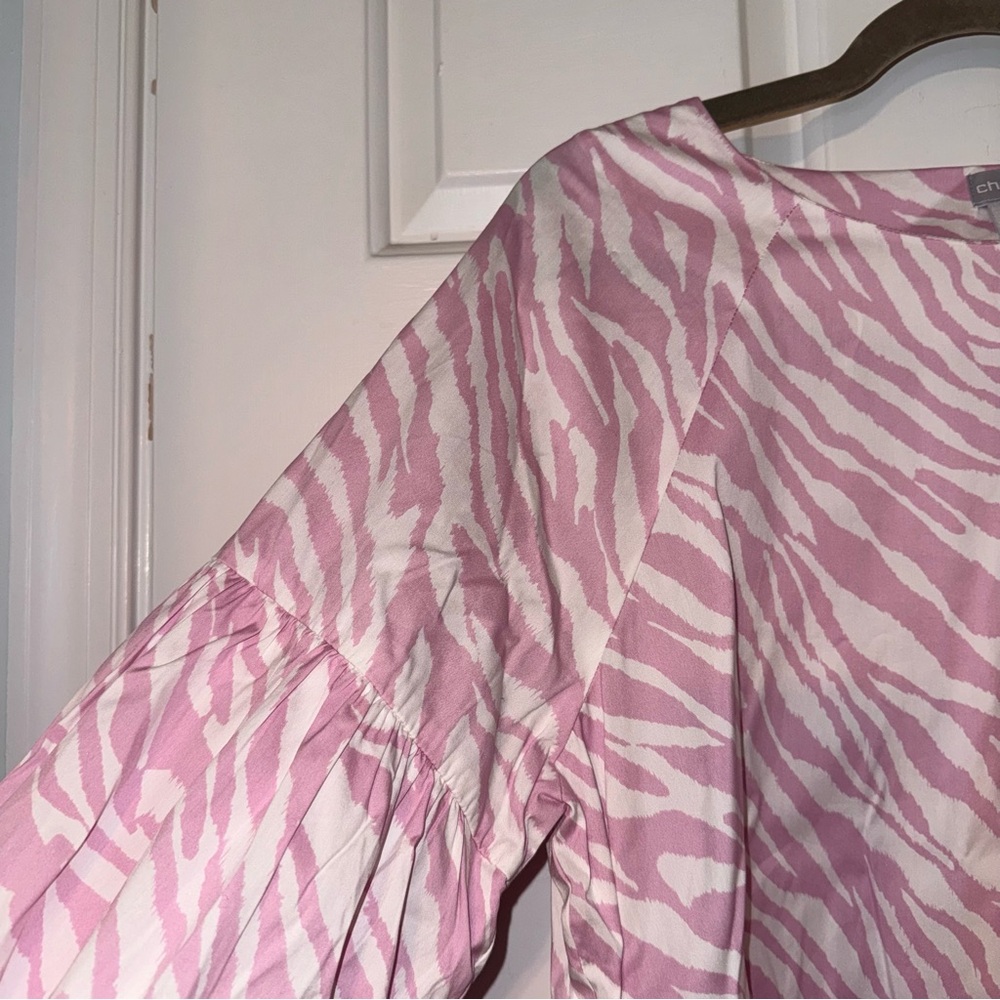 Chico's Light Pink white zebra print balloon sleeve midi dress L 12/14 - Picture 9 of 16